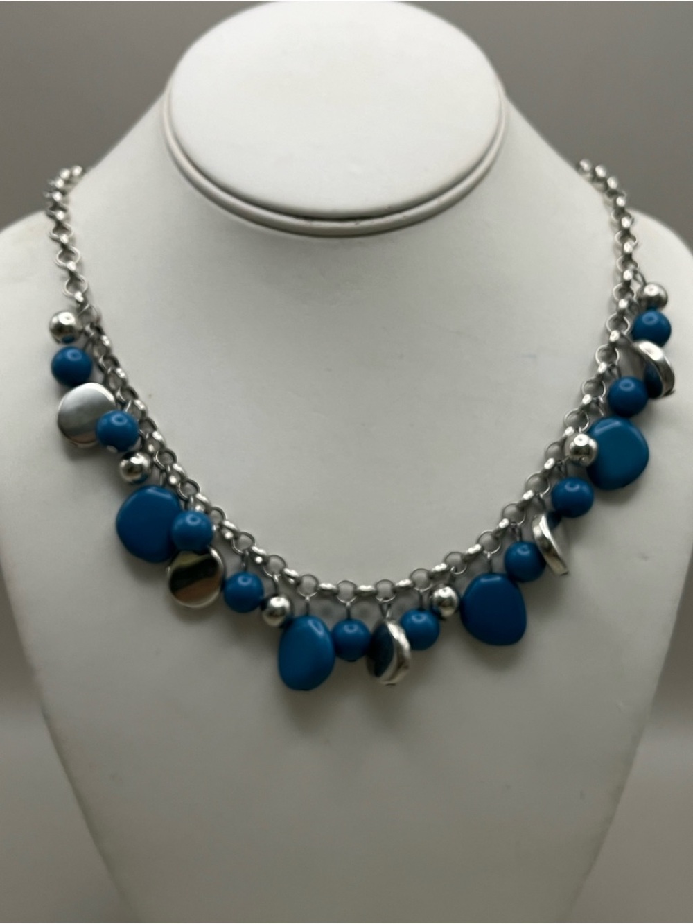 Silver Tone Teal Blue Beaded Charm Bib Statement Necklace | Chunky Cluster Boho